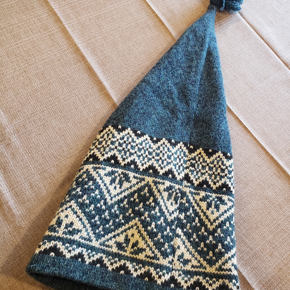 50% Wool Nordic Style Elf Hat USA Made Teal, Off White 23 1/2"